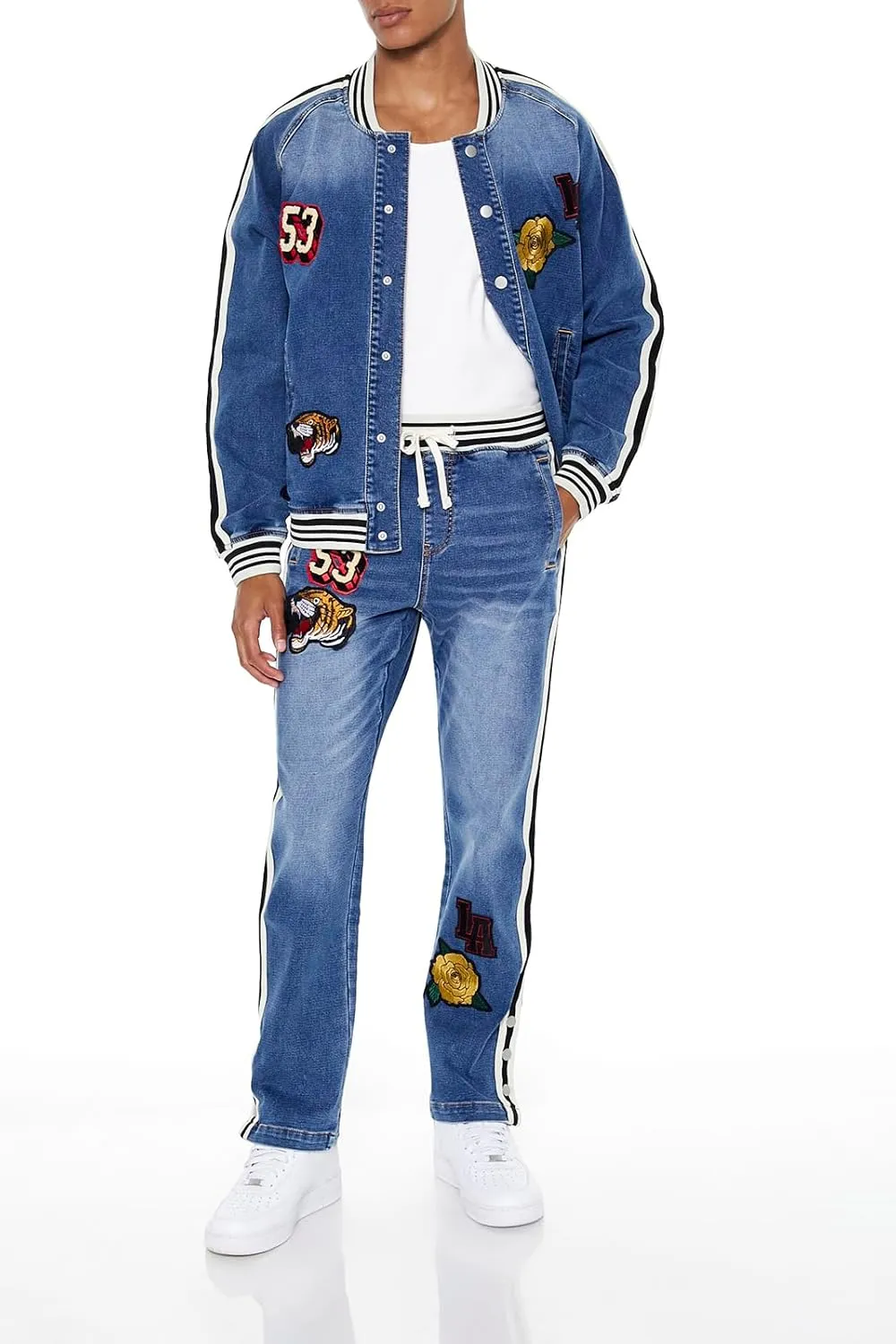 Forever 21 Men's Patch Denim Bomber Jacket
