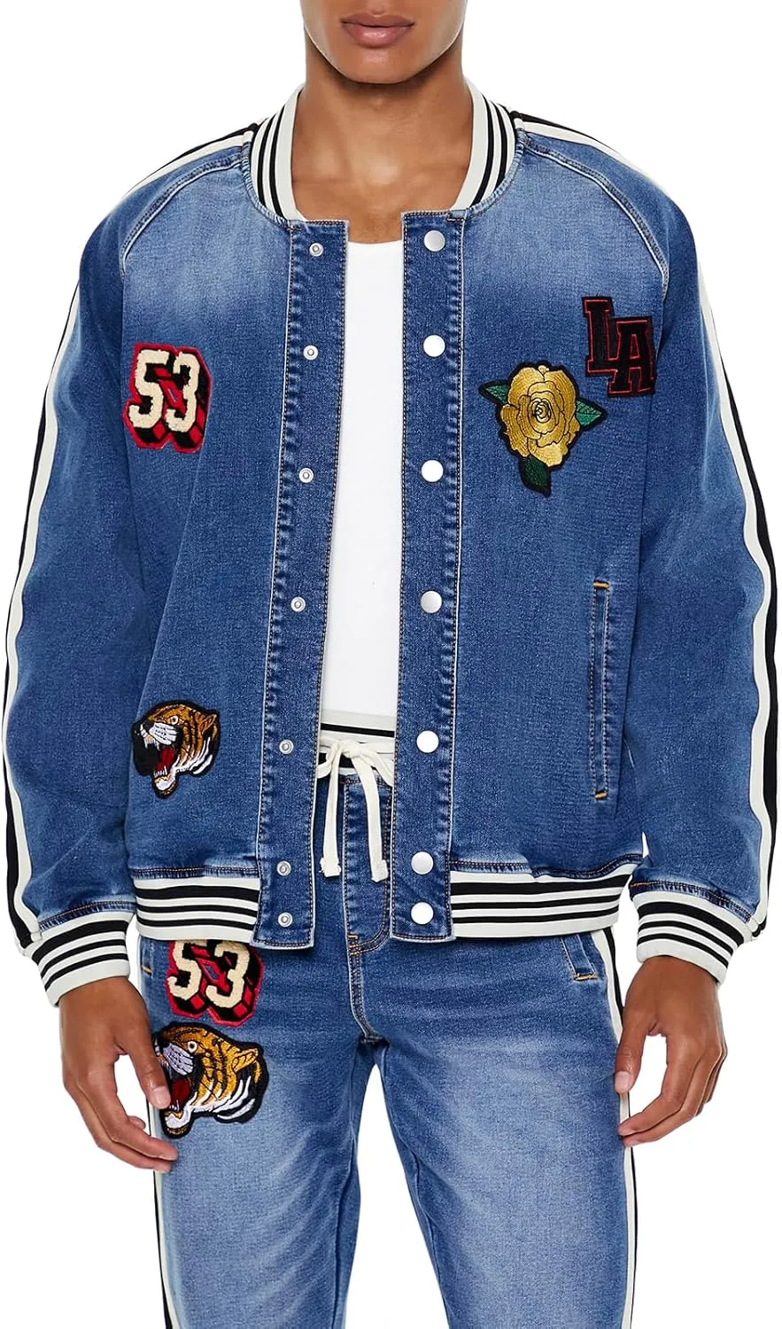 Forever 21 Men's Patch Denim Bomber Jacket