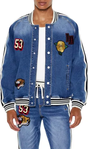 Forever 21 Men's Patch Denim Bomber Jacket