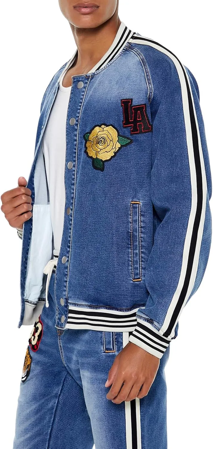 Forever 21 Men's Patch Denim Bomber Jacket