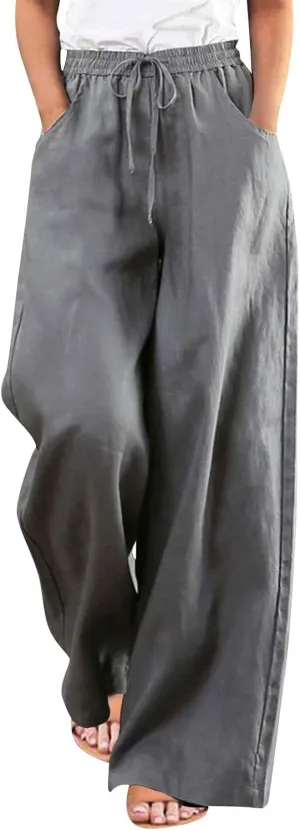 FRMUIC Women Cotton Linen Pants Summer High Waist Wide Leg Pants Drawstring Loose Trousers Casual Lounge Pants with Pocket