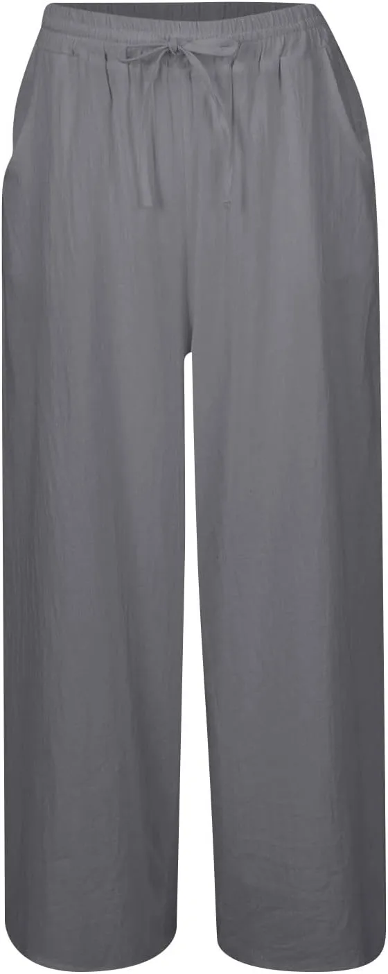 FRMUIC Women Cotton Linen Pants Summer High Waist Wide Leg Pants Drawstring Loose Trousers Casual Lounge Pants with Pocket