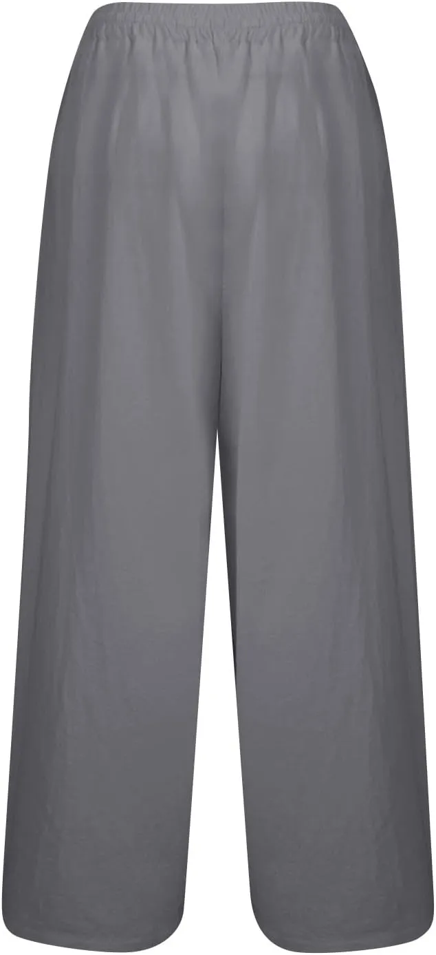 FRMUIC Women Cotton Linen Pants Summer High Waist Wide Leg Pants Drawstring Loose Trousers Casual Lounge Pants with Pocket