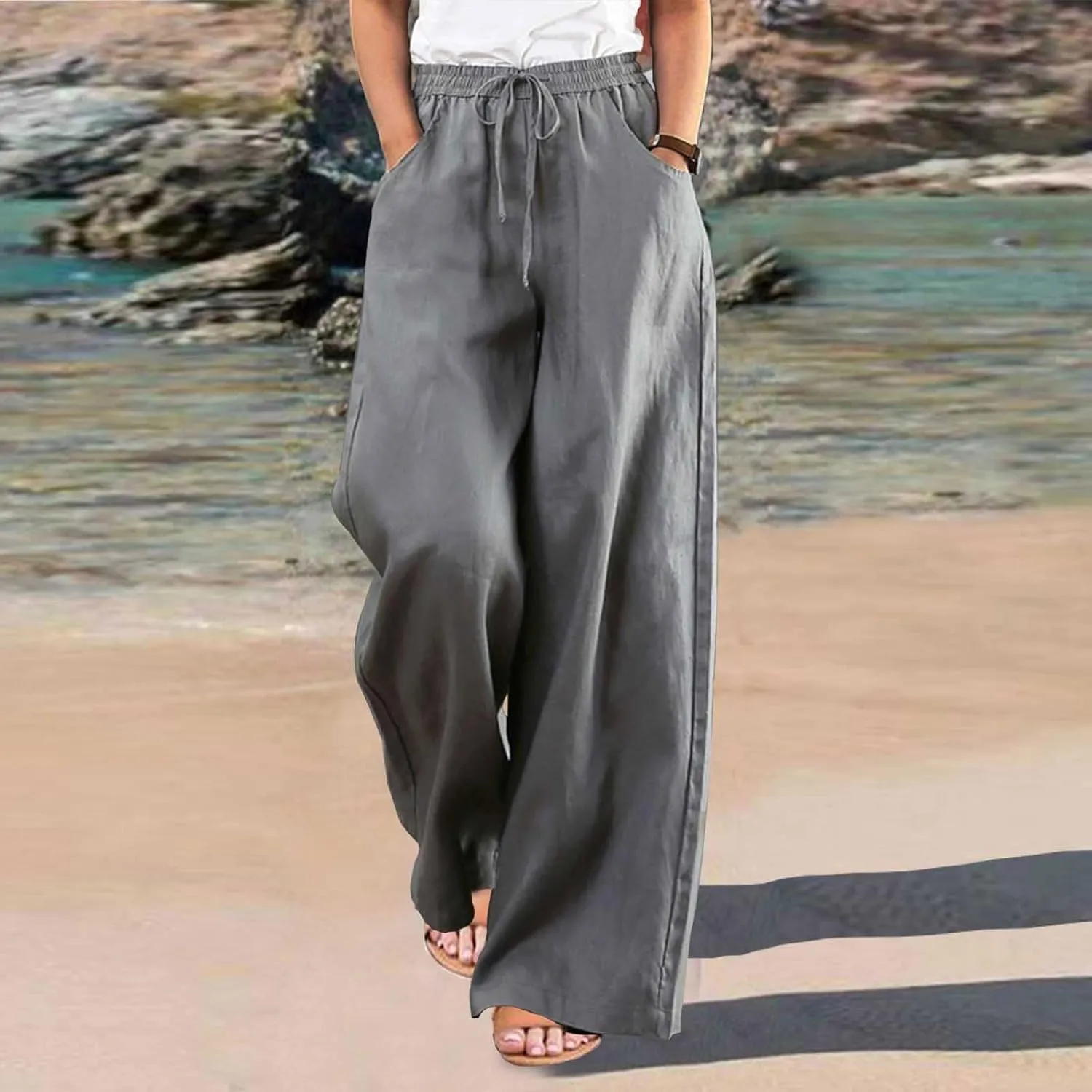 FRMUIC Women Cotton Linen Pants Summer High Waist Wide Leg Pants Drawstring Loose Trousers Casual Lounge Pants with Pocket