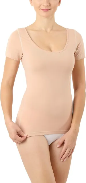 Functional Coolmax Cotton Undershirt deep Scoop Neck Short Sleeves Invisible Beige