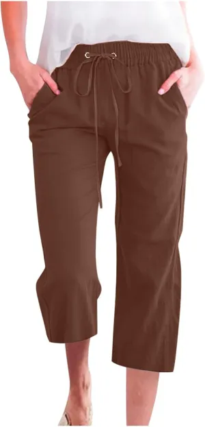 FZYLQY Capri Pants for Women Casual 2025 Summer Drawstring Elastic High Waist Linen Pants Straight Wide Leg Cropped Trousers
