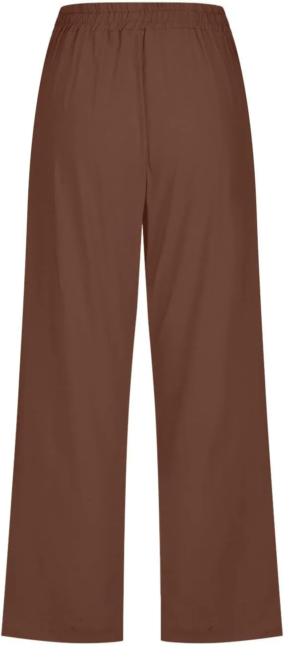 FZYLQY Capri Pants for Women Casual 2025 Summer Drawstring Elastic High Waist Linen Pants Straight Wide Leg Cropped Trousers