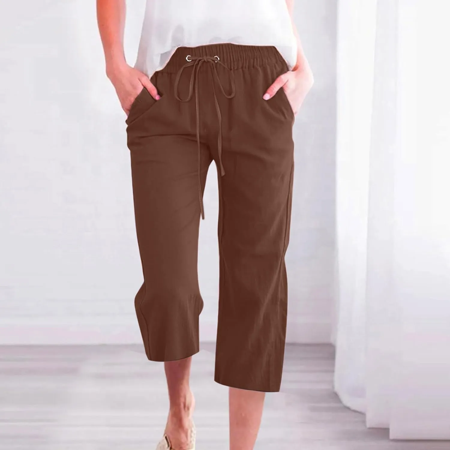 FZYLQY Capri Pants for Women Casual 2025 Summer Drawstring Elastic High Waist Linen Pants Straight Wide Leg Cropped Trousers