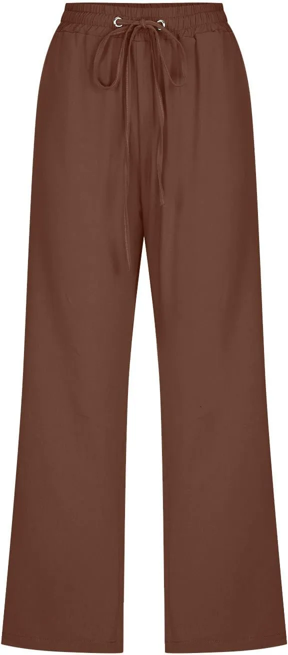 FZYLQY Capri Pants for Women Casual 2025 Summer Drawstring Elastic High Waist Linen Pants Straight Wide Leg Cropped Trousers