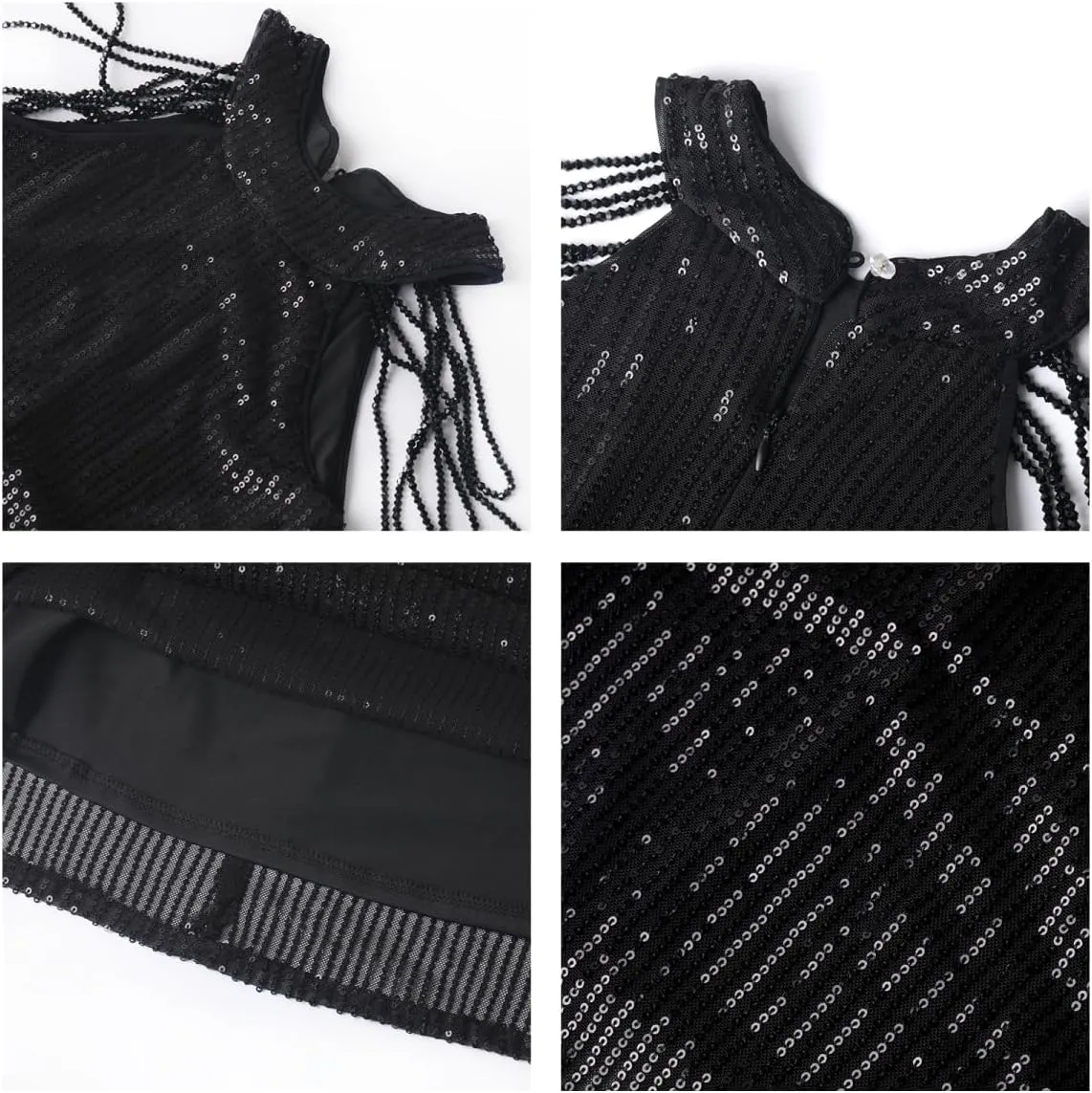 Girls Sequin Dress Halter Neck Hand-Beaded Tassel Elegant Birthday Wedding Party Maxi Dresses