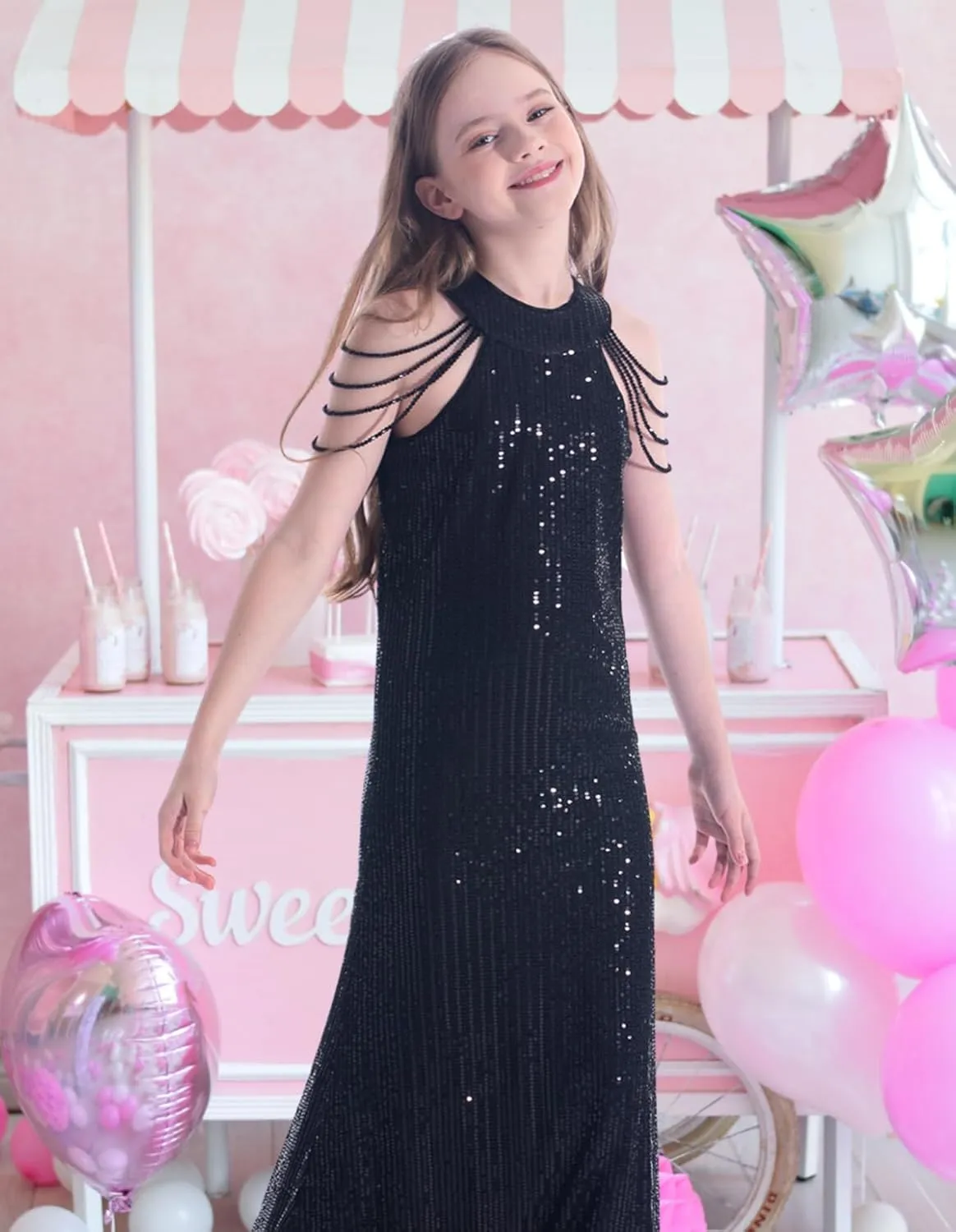 Girls Sequin Dress Halter Neck Hand-Beaded Tassel Elegant Birthday Wedding Party Maxi Dresses