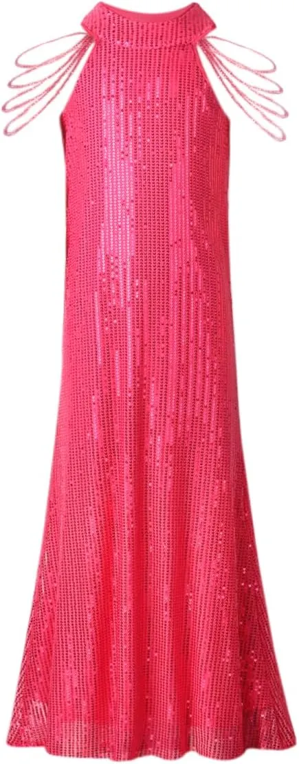 Girls Sequin Dress Halter Neck Hand-Beaded Tassel Elegant Birthday Wedding Party Maxi Dresses