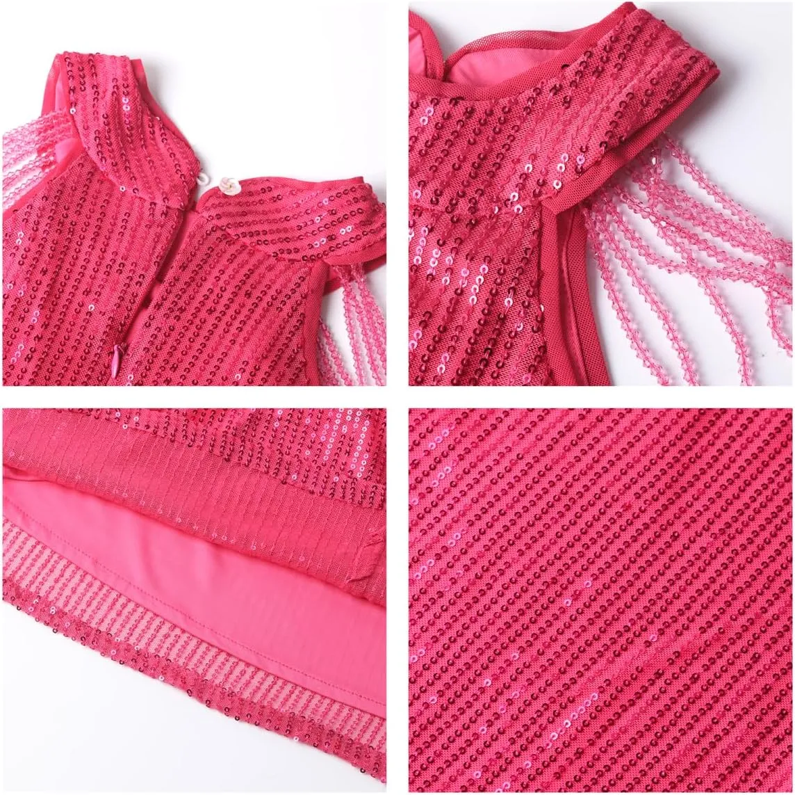 Girls Sequin Dress Halter Neck Hand-Beaded Tassel Elegant Birthday Wedding Party Maxi Dresses