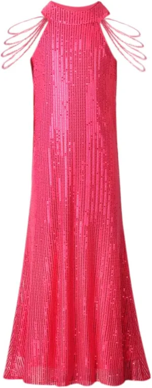 Girls Sequin Dress Halter Neck Hand-Beaded Tassel Elegant Birthday Wedding Party Maxi Dresses