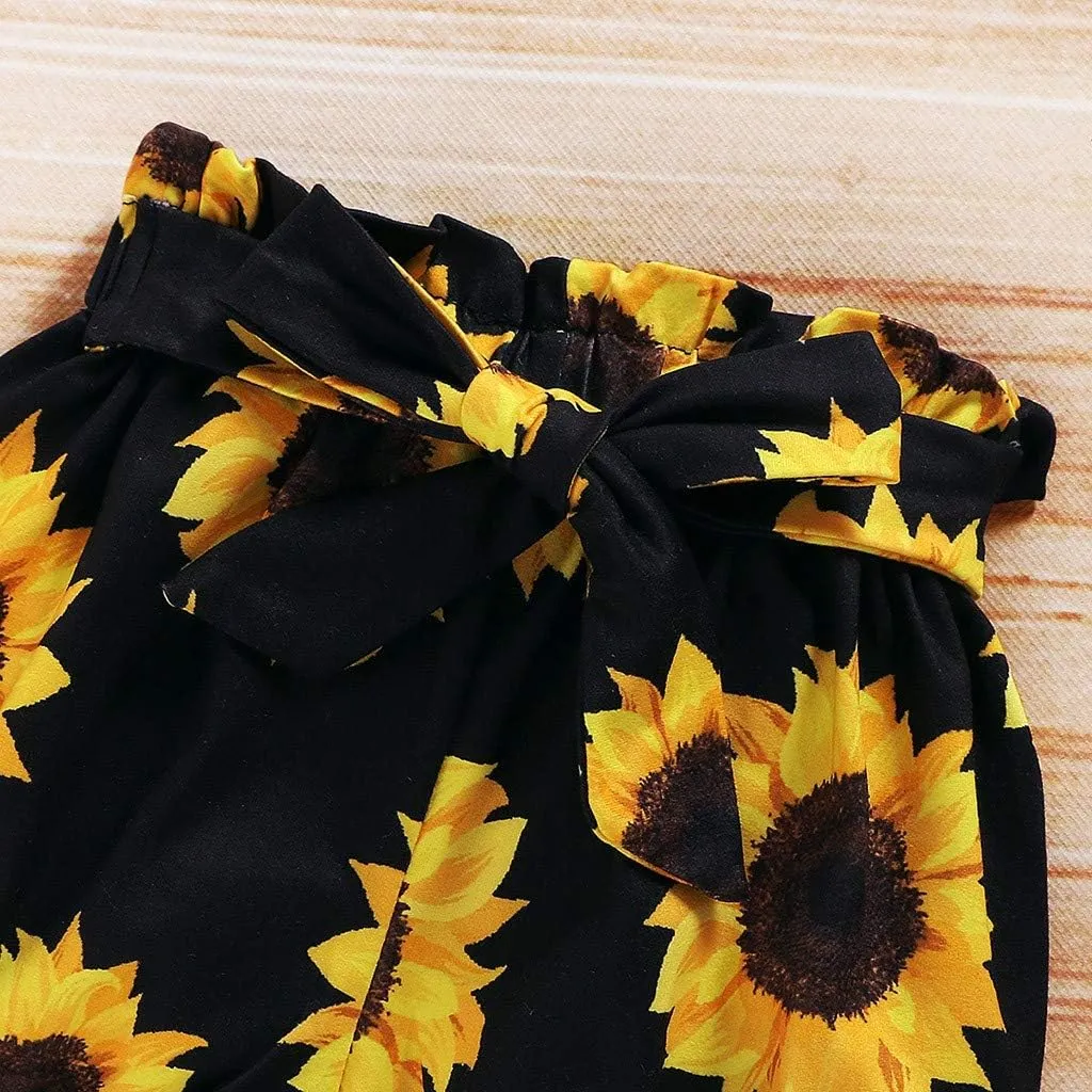 Girls Sunflower Baby Clothes Summer Dresses Cotton Ruffle Short Sleeve Tops Floral Prints Bow Shorts Cute Outfit Set