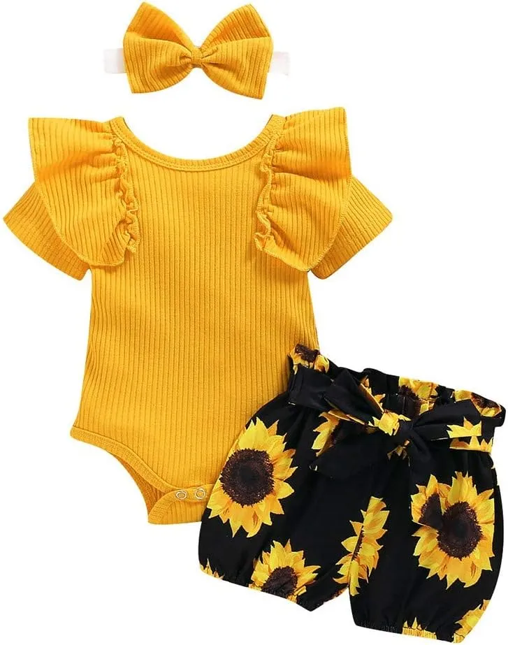 Girls Sunflower Baby Clothes Summer Dresses Cotton Ruffle Short Sleeve Tops Floral Prints Bow Shorts Cute Outfit Set