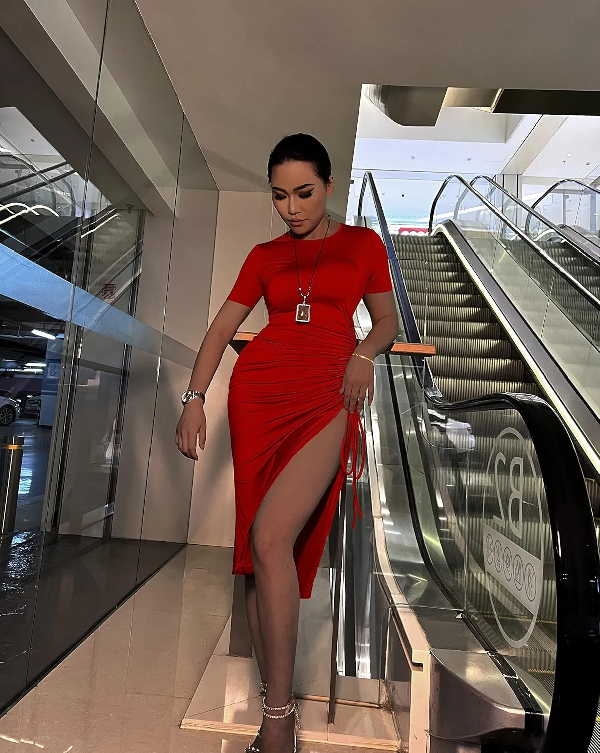 GOKATOSAU Women's Sexy Bodycon Short Sleeve Slit Ruched Summer Club Party Midi Dress
