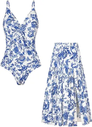 GRACE KARIN Women's One Piece Swimsuits with Cover Up Skirt Tummy Control V Neck Bathing Suits