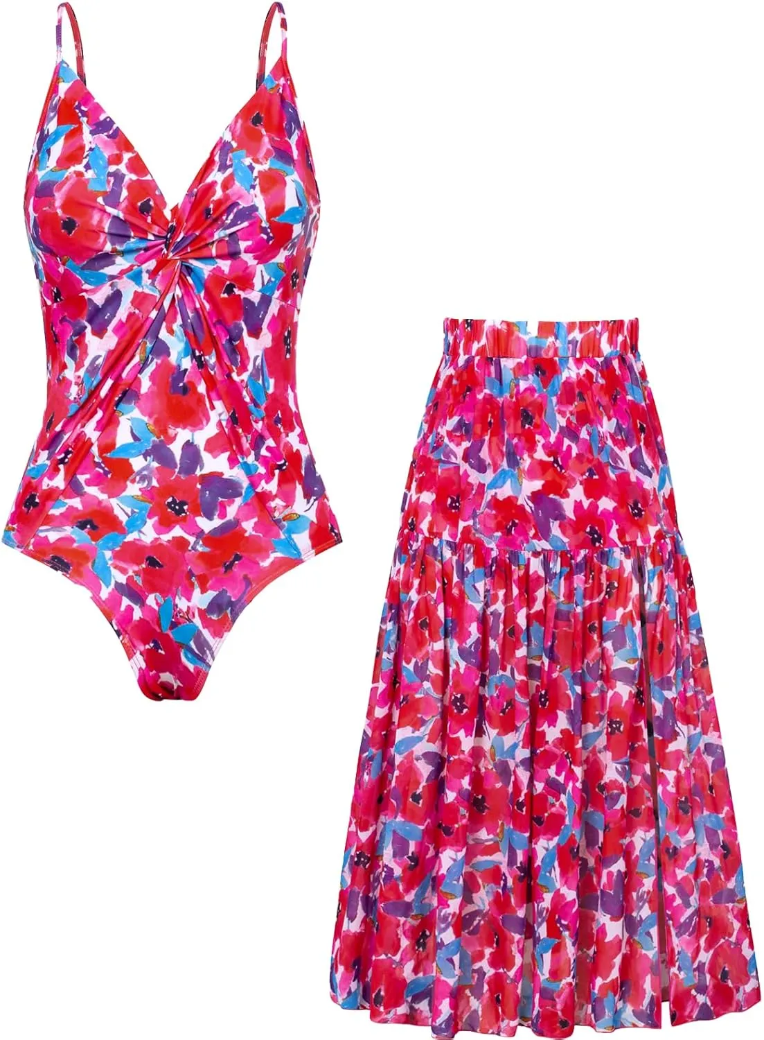 GRACE KARIN Women's One Piece Swimsuits with Cover Up Skirt Tummy Control V Neck Bathing Suits