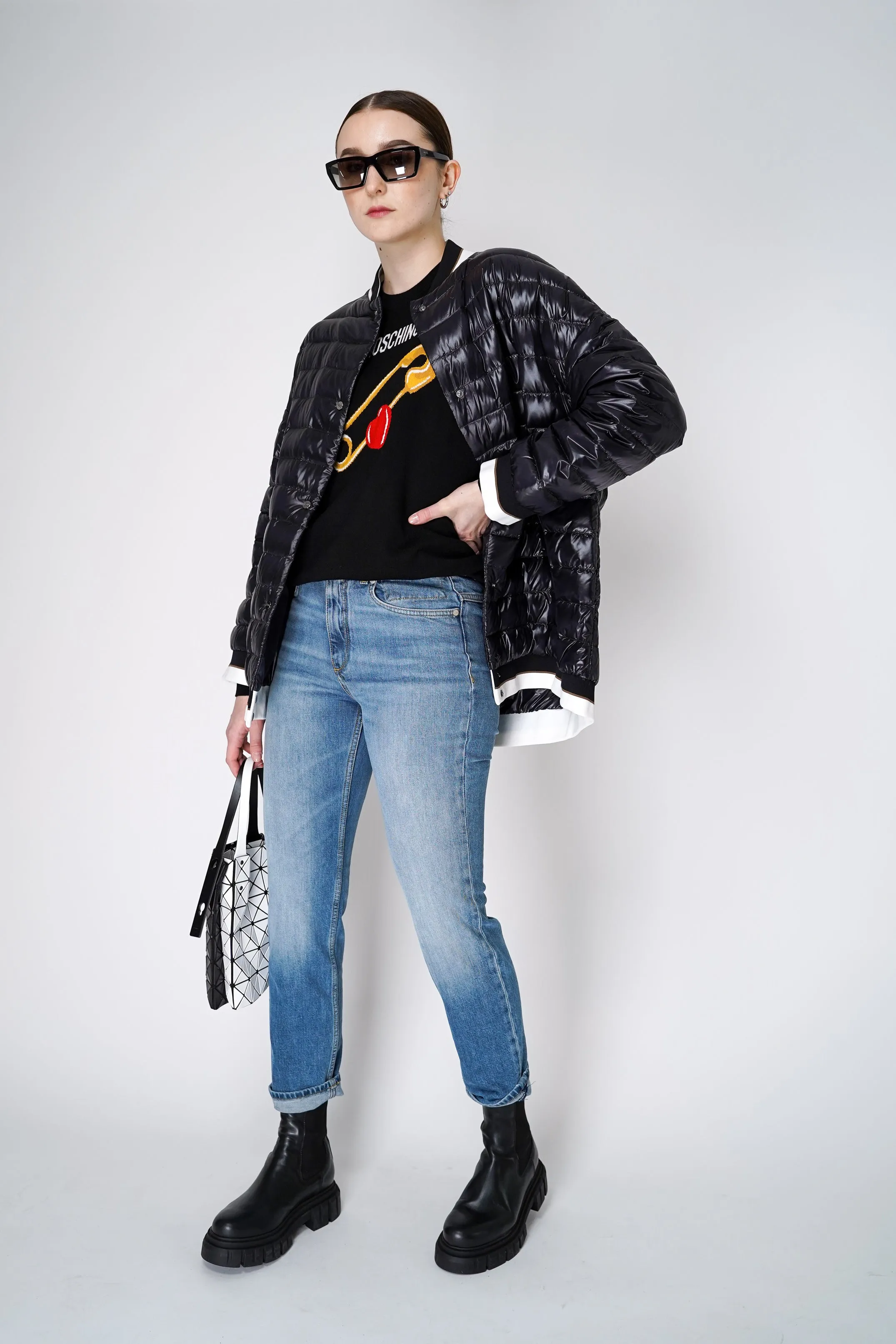 Herno Bomber Jacket with Stripe Knit Details in Black