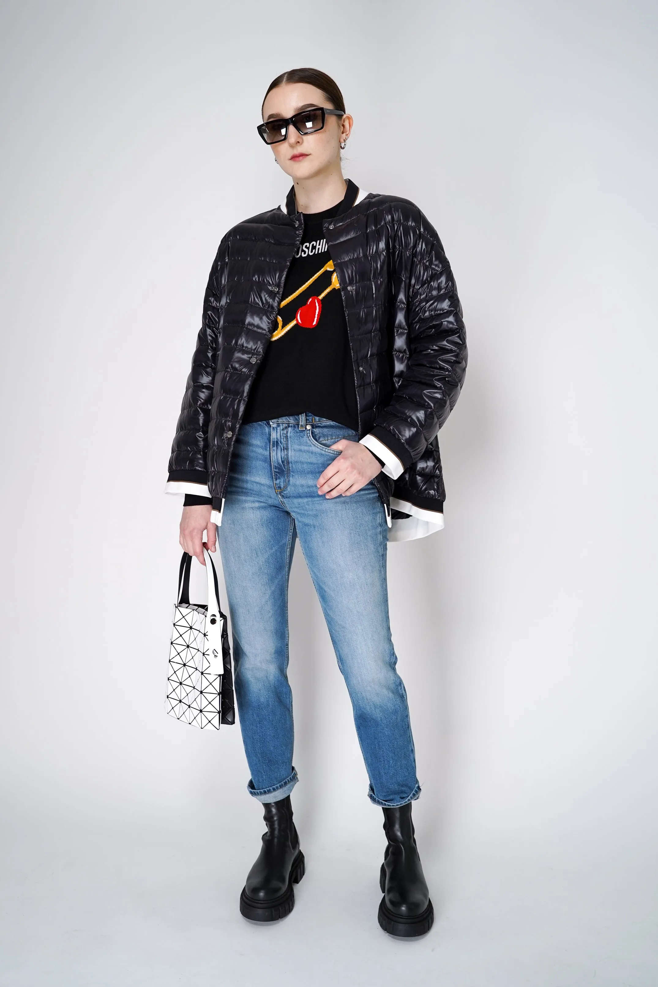 Herno Bomber Jacket with Stripe Knit Details in Black
