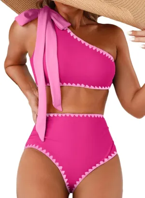 Herseas Women's One Bow Shoulder Bikini Sets 2 Piece Ruched Swimsuit Elegant Bathing Suit