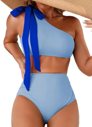 Herseas Women's One Bow Shoulder Bikini Sets 2 Piece Ruched Swimsuit Elegant Bathing Suit