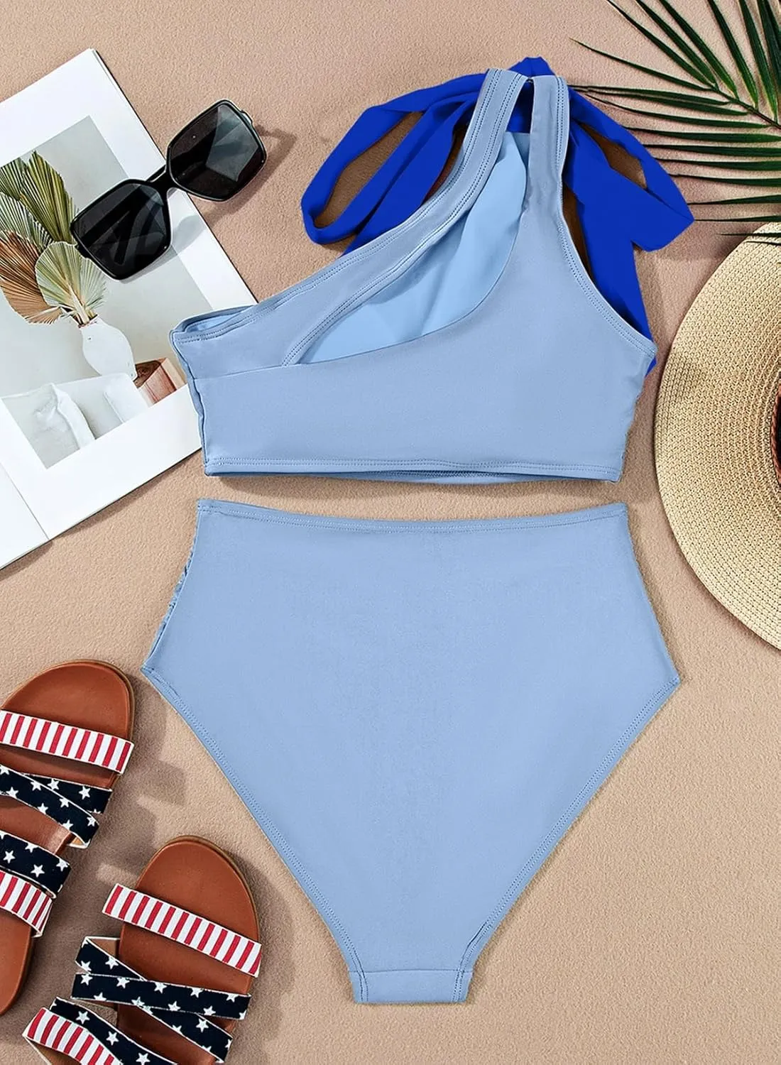 Herseas Women's One Bow Shoulder Bikini Sets 2 Piece Ruched Swimsuit Elegant Bathing Suit