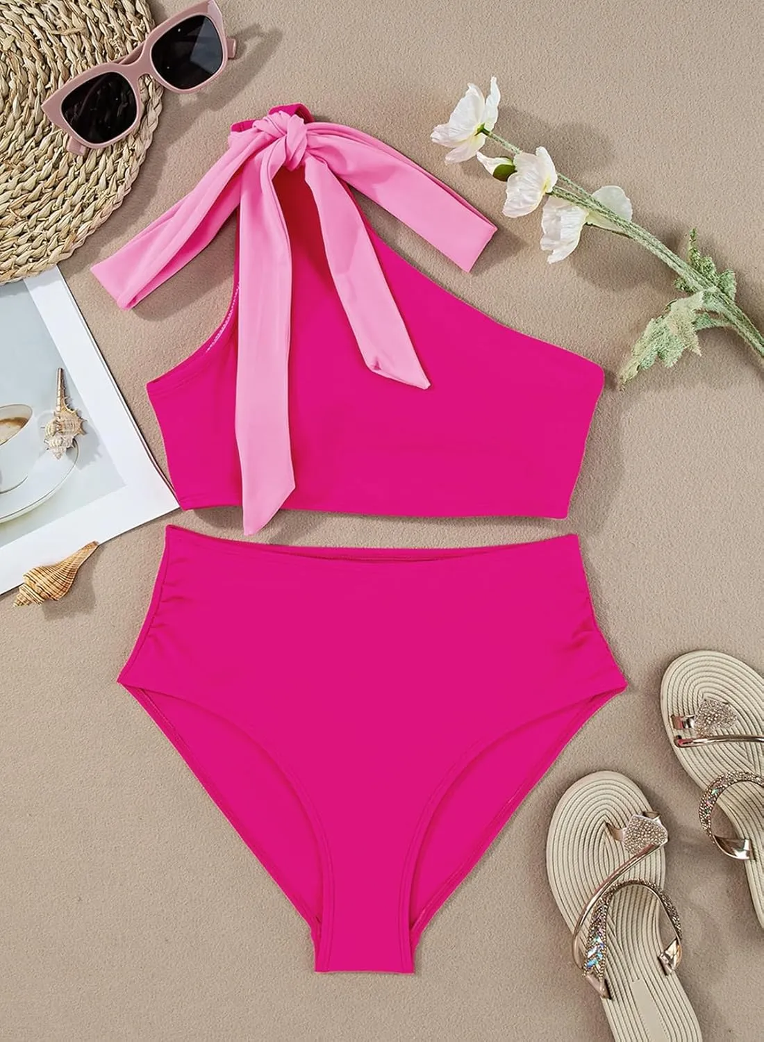 Herseas Women's One Bow Shoulder Bikini Sets 2 Piece Ruched Swimsuit Elegant Bathing Suit