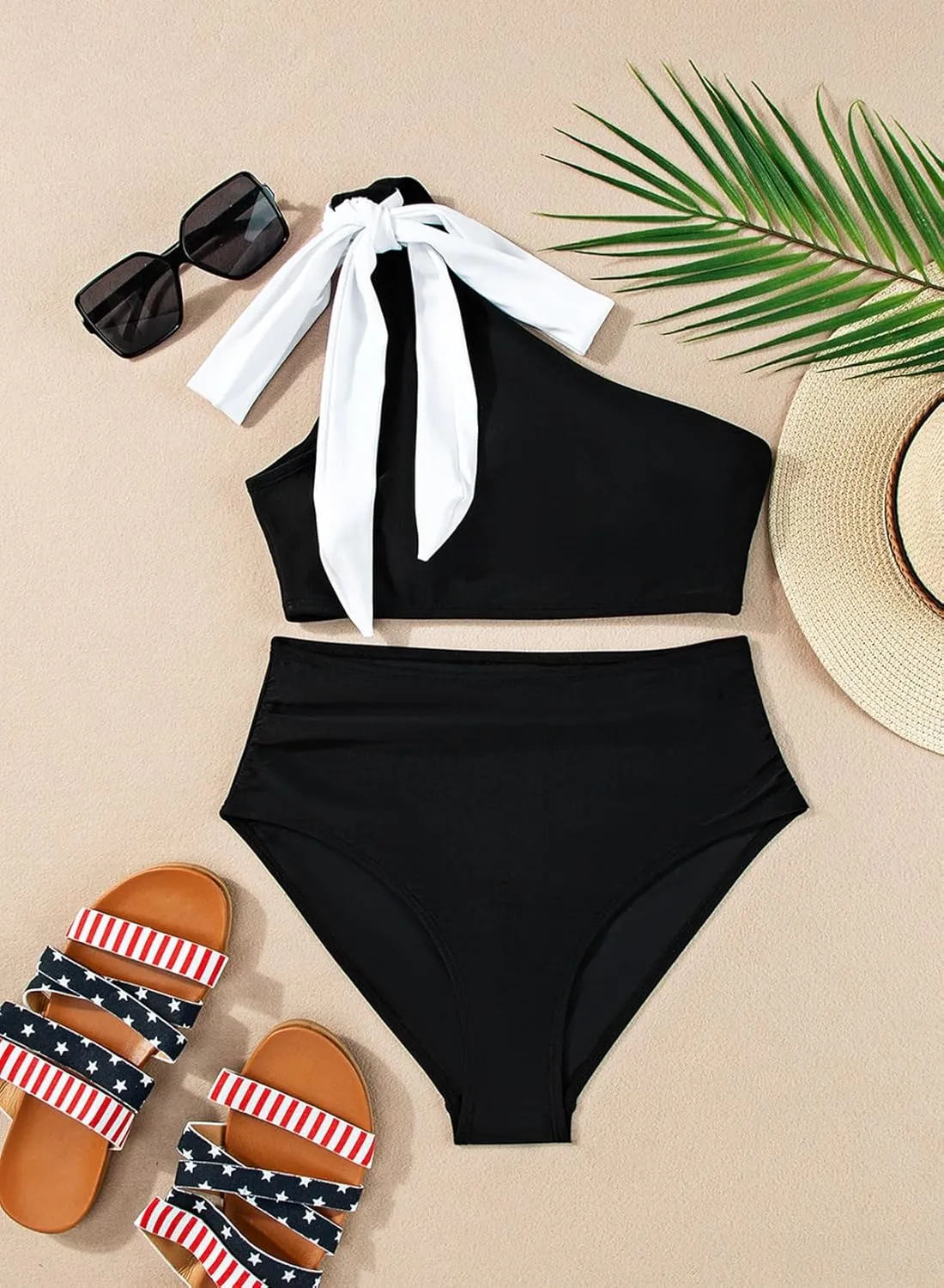 Herseas Women's One Bow Shoulder Bikini Sets 2 Piece Ruched Swimsuit Elegant Bathing Suit