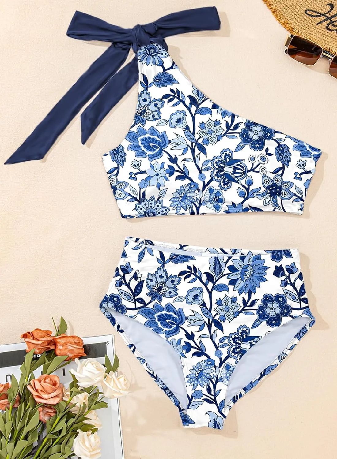 Herseas Women's One Bow Shoulder Bikini Sets 2 Piece Ruched Swimsuit Elegant Bathing Suit