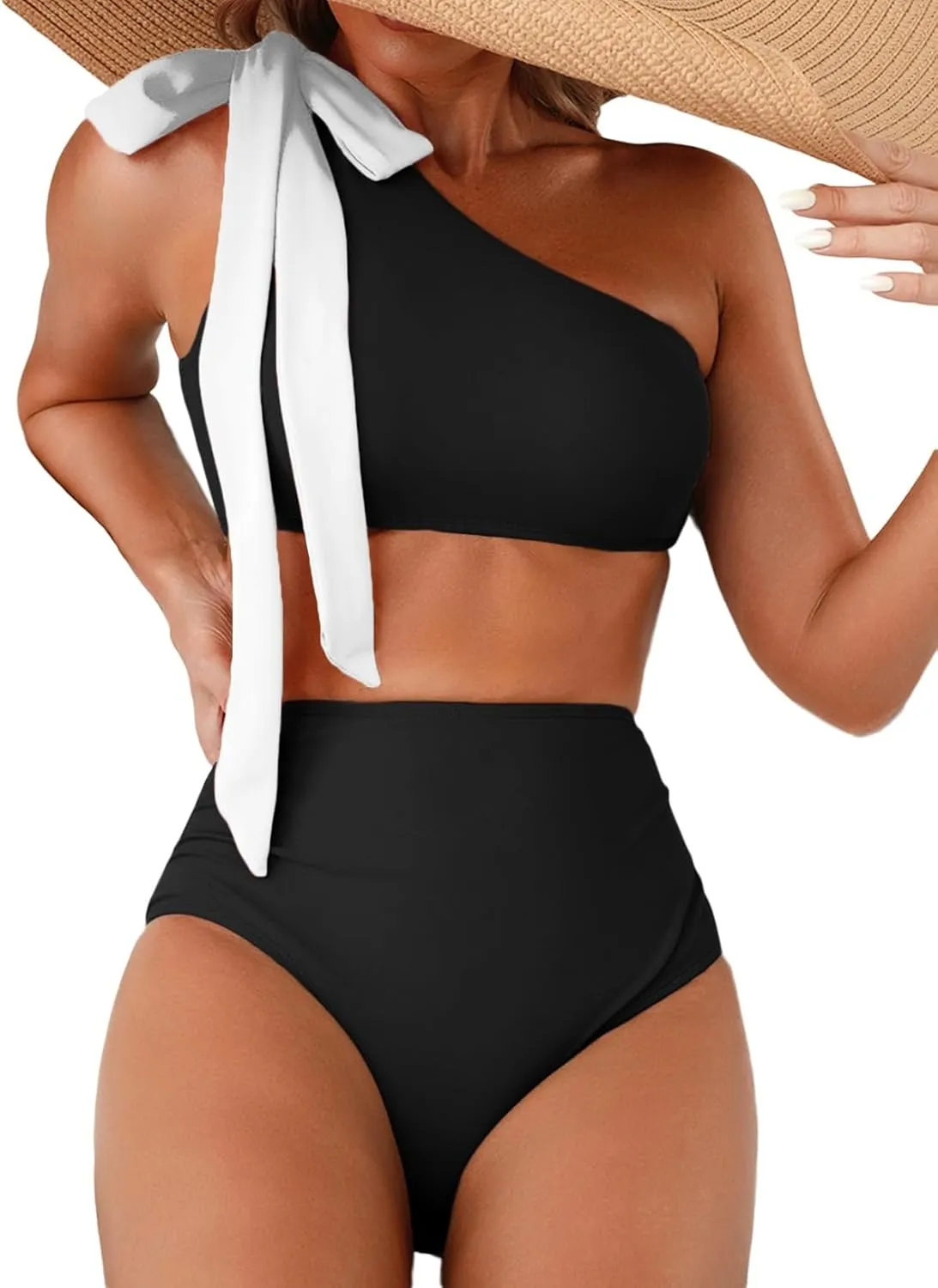 Herseas Women's One Bow Shoulder Bikini Sets 2 Piece Ruched Swimsuit Elegant Bathing Suit