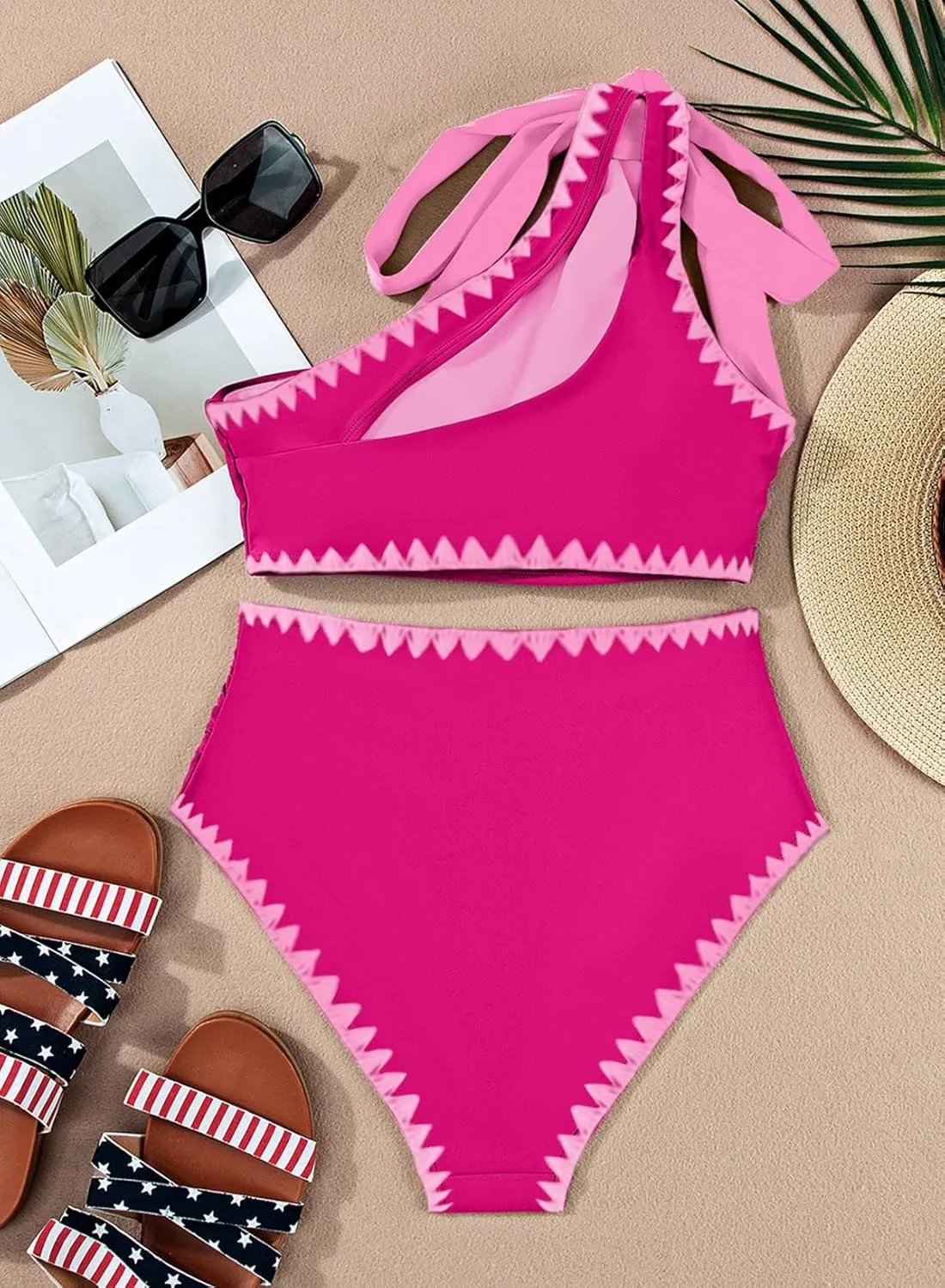 Herseas Women's One Bow Shoulder Bikini Sets 2 Piece Ruched Swimsuit Elegant Bathing Suit
