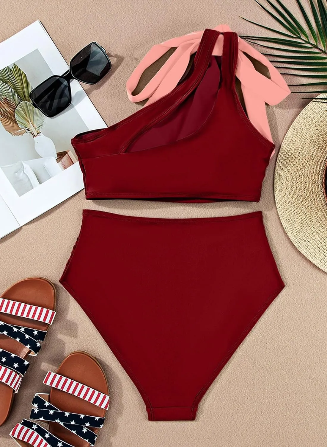 Herseas Women's One Bow Shoulder Bikini Sets 2 Piece Ruched Swimsuit Elegant Bathing Suit