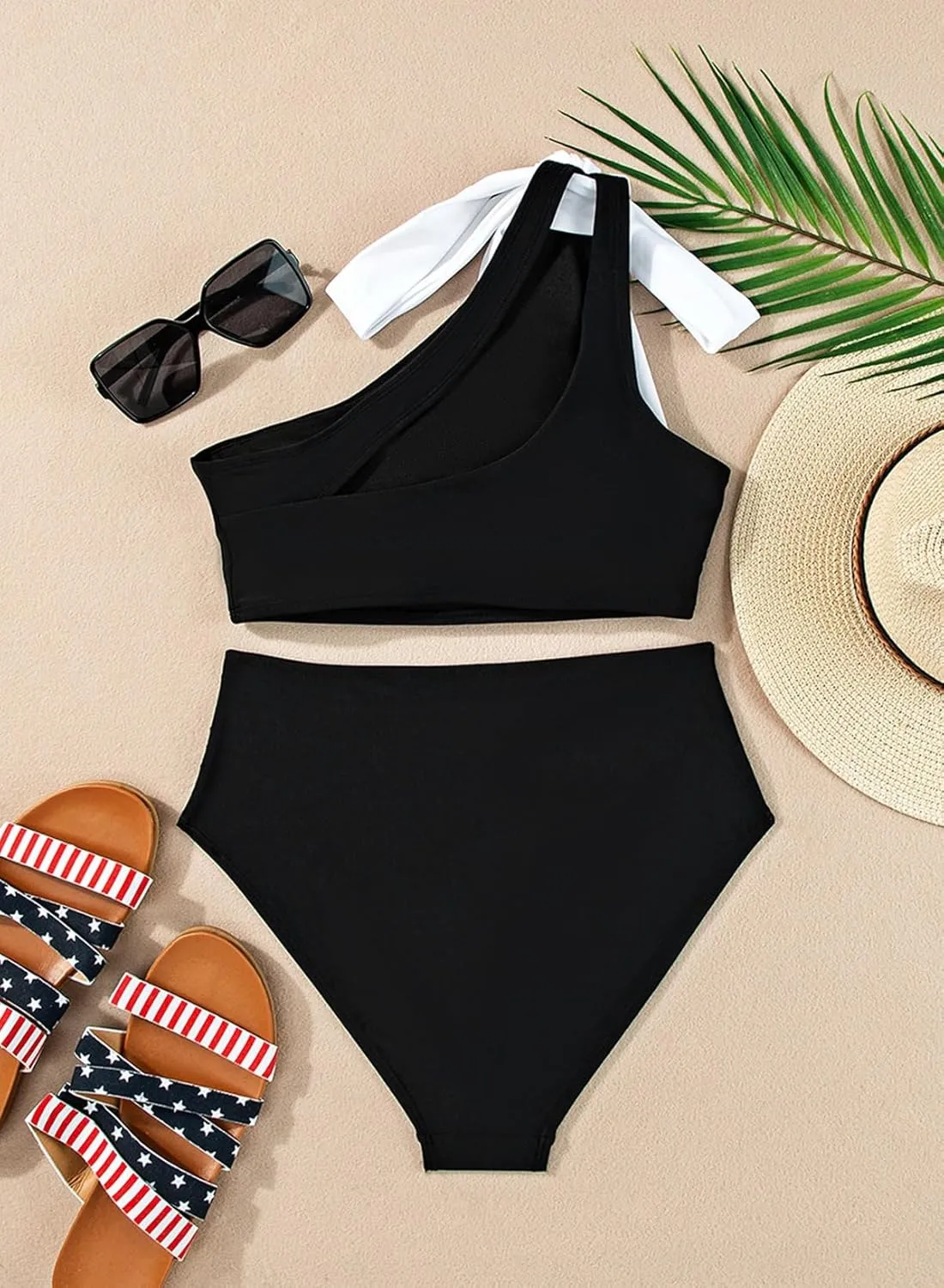 Herseas Women's One Bow Shoulder Bikini Sets 2 Piece Ruched Swimsuit Elegant Bathing Suit