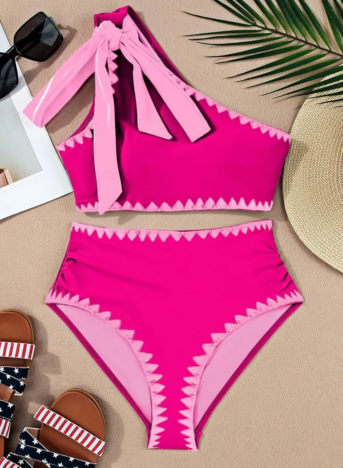 Herseas Women's One Bow Shoulder Bikini Sets 2 Piece Ruched Swimsuit Elegant Bathing Suit
