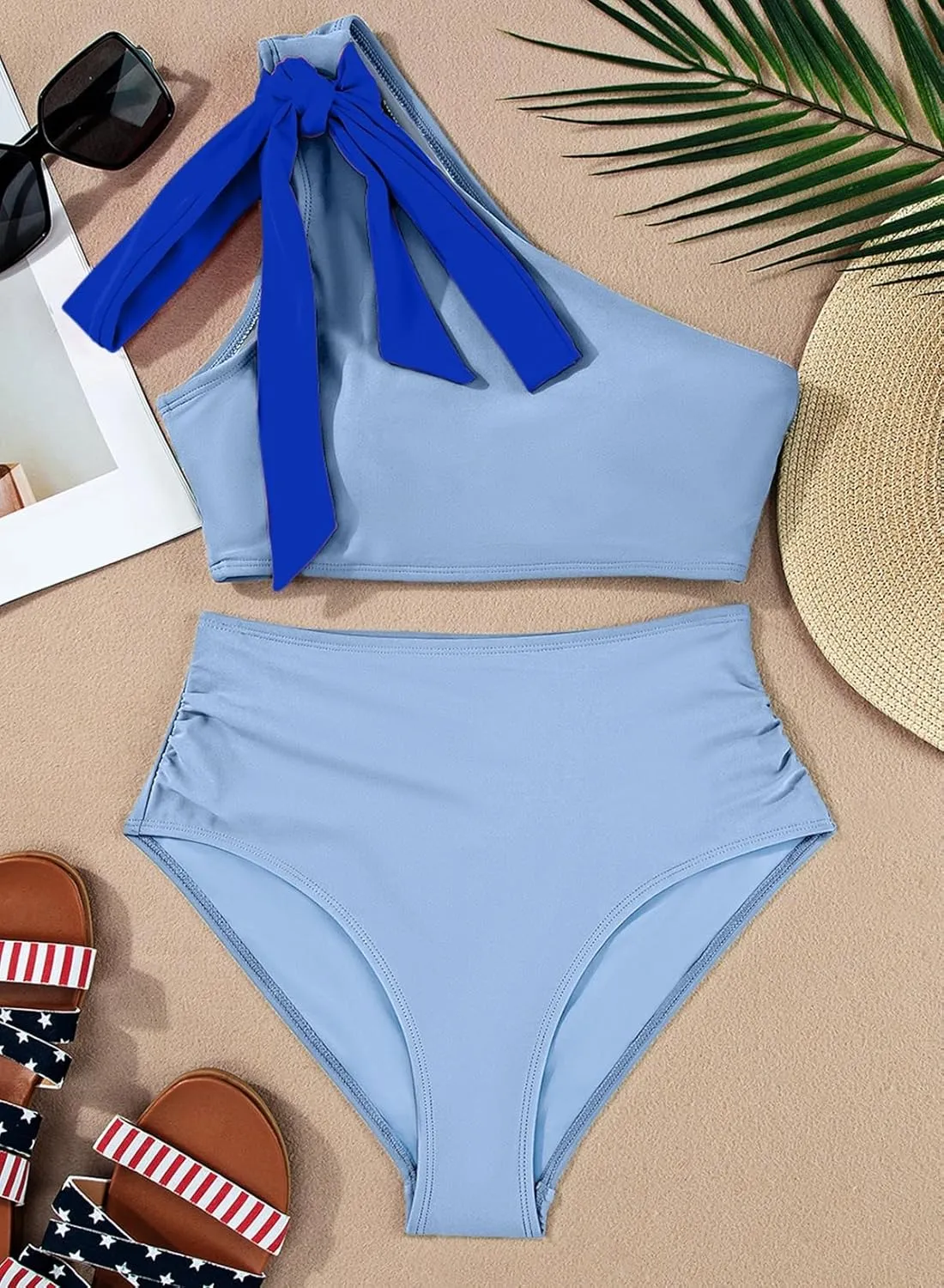 Herseas Women's One Bow Shoulder Bikini Sets 2 Piece Ruched Swimsuit Elegant Bathing Suit