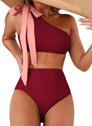 Herseas Women's One Bow Shoulder Bikini Sets 2 Piece Ruched Swimsuit Elegant Bathing Suit