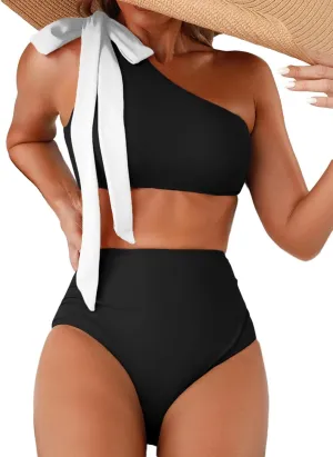 Herseas Women's One Bow Shoulder Bikini Sets 2 Piece Ruched Swimsuit Elegant Bathing Suit