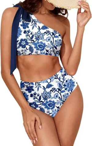 Herseas Women's One Bow Shoulder Bikini Sets 2 Piece Ruched Swimsuit Elegant Bathing Suit