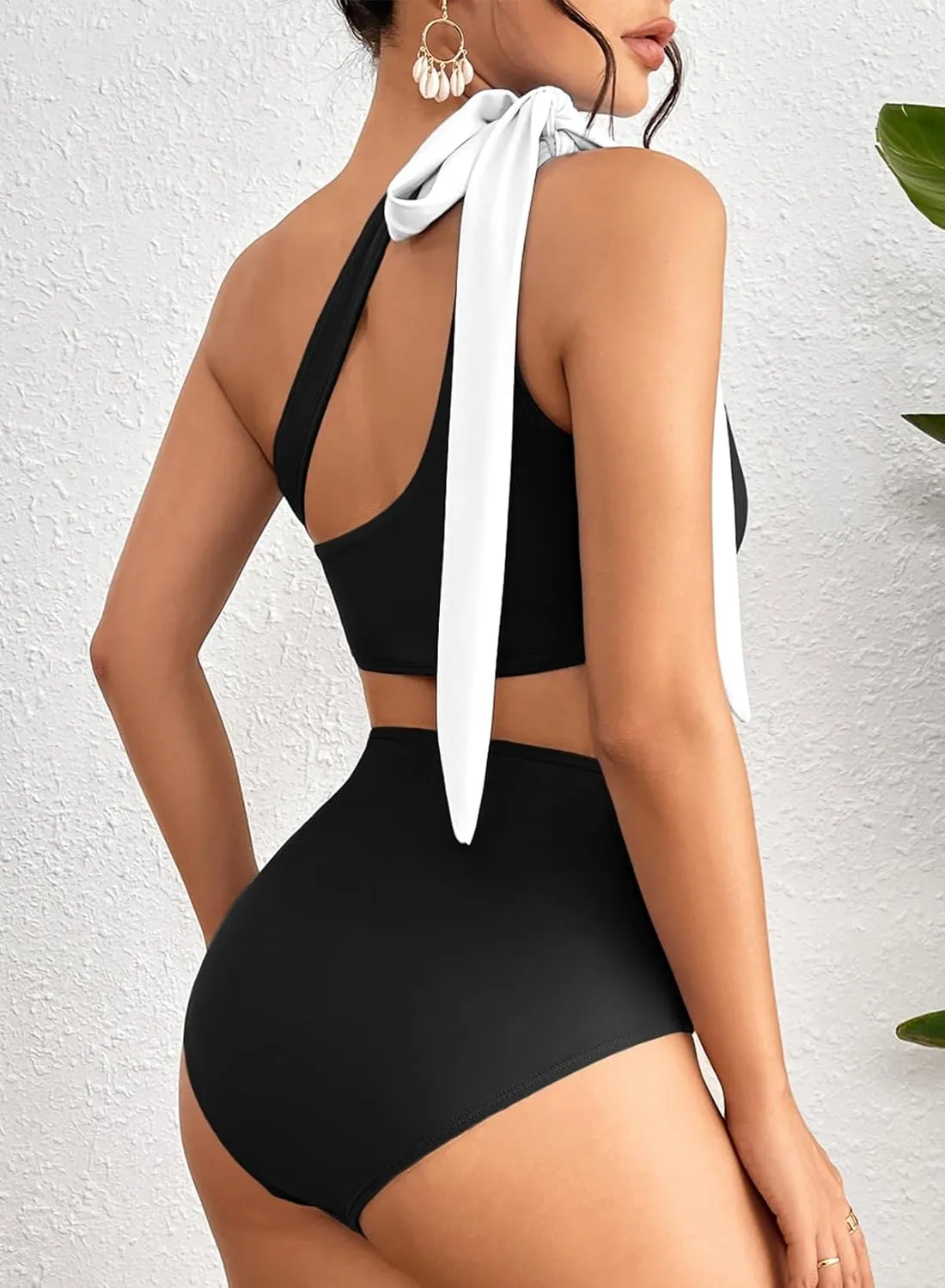 Herseas Women's One Bow Shoulder Bikini Sets 2 Piece Ruched Swimsuit Elegant Bathing Suit