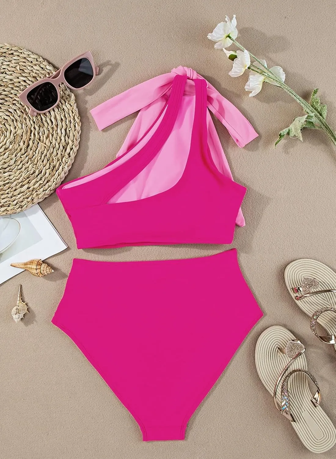Herseas Women's One Bow Shoulder Bikini Sets 2 Piece Ruched Swimsuit Elegant Bathing Suit