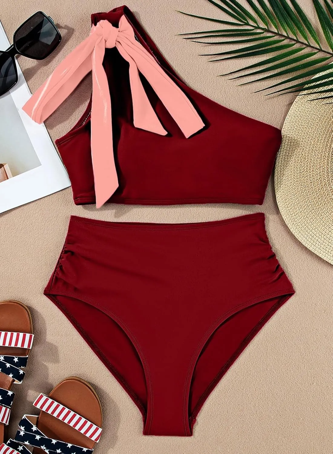 Herseas Women's One Bow Shoulder Bikini Sets 2 Piece Ruched Swimsuit Elegant Bathing Suit