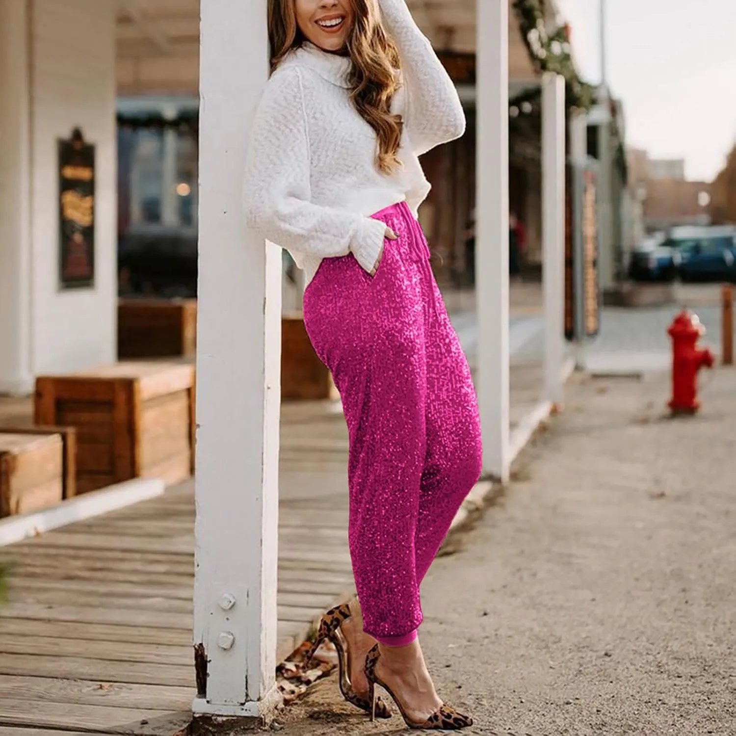 HGps8w Women's Sequin Joggers Pants Drawstring High Waisted Sparkle Glitter Cropped Pants Harem Trousers Clubwear