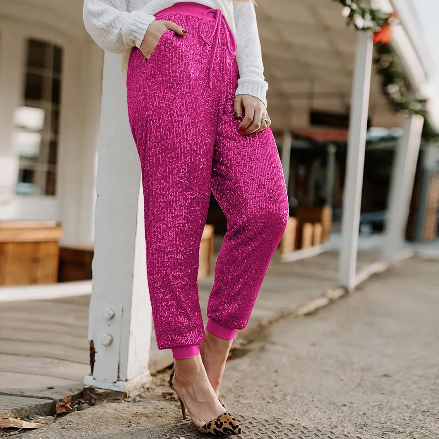 HGps8w Women's Sequin Joggers Pants Drawstring High Waisted Sparkle Glitter Cropped Pants Harem Trousers Clubwear