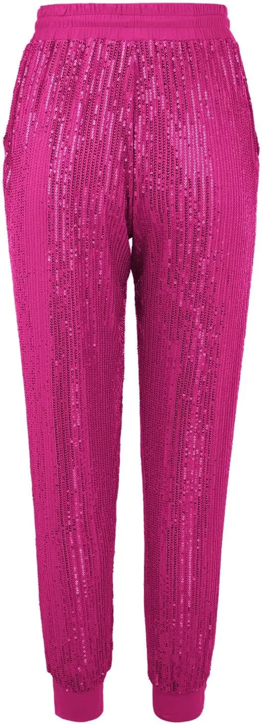 HGps8w Women's Sequin Joggers Pants Drawstring High Waisted Sparkle Glitter Cropped Pants Harem Trousers Clubwear