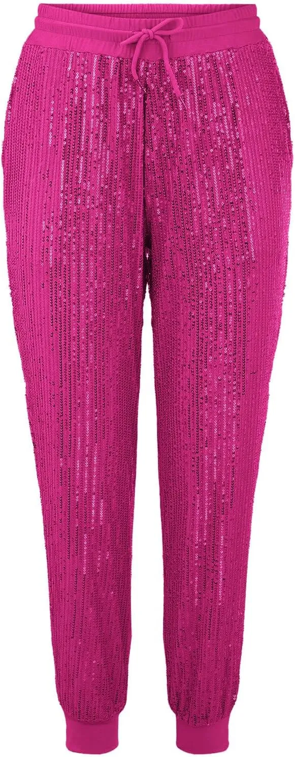 HGps8w Women's Sequin Joggers Pants Drawstring High Waisted Sparkle Glitter Cropped Pants Harem Trousers Clubwear