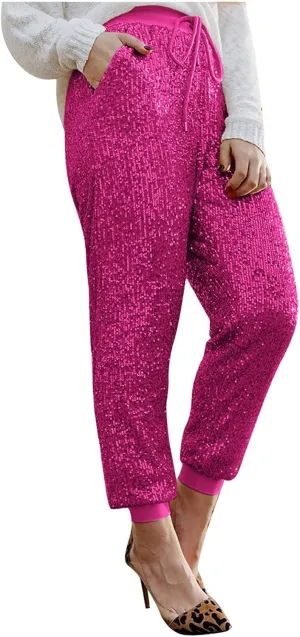 HGps8w Women's Sequin Joggers Pants Drawstring High Waisted Sparkle Glitter Cropped Pants Harem Trousers Clubwear