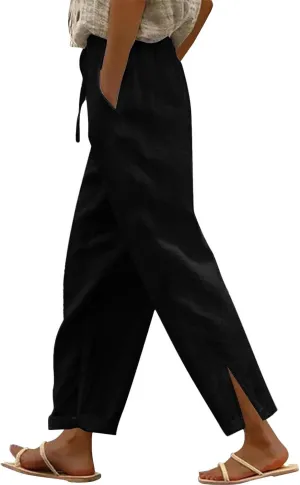 High Waisted Women's Linen Pants Comfy Wide Leg Long Trousers Flowy Cotton Linen Pants 2025 Summer Palazzo Slacks
