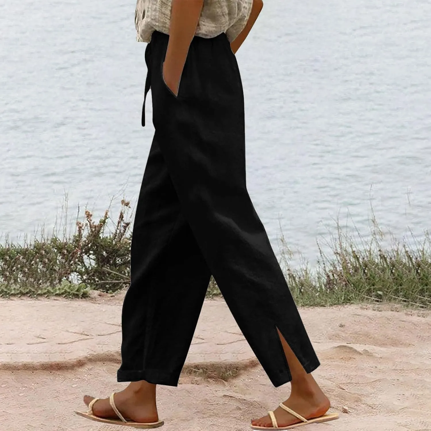 High Waisted Women's Linen Pants Comfy Wide Leg Long Trousers Flowy Cotton Linen Pants 2025 Summer Palazzo Slacks